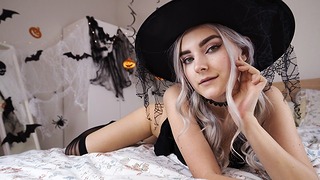 Cute horny witch gets facial and swallows cum – Eva Elfie