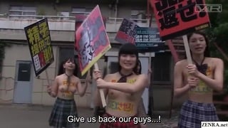 Japanese schoolgirls protests before one of them sucks a big dick