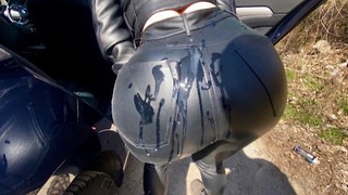 Sperm on Her Leather Ass Outdoor and Let Her Goes