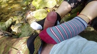 Outdoor Outside Footjob sockjob (cum at Smelly Feet)