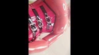 Blonde Milf Arya Grander In Red Latex Rubber Catsuit Teasing With Strap-On