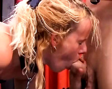 Sexy blonde German bitch sucks dick after hardcore BDSM action