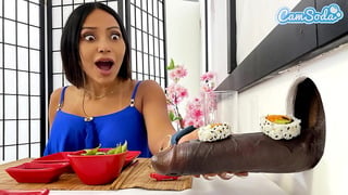 Big Tit Lesbian MILFs Sushi Glory Hole Experience – BBC Blowjob and Cute Asian Teen