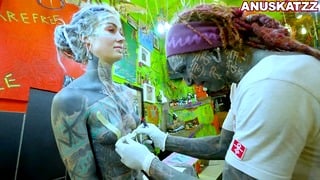 Tattoo model Anuskatzz gets nipple piercings while anal fuck hardcore extreme rough sex BDSM fetish