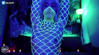 Hot teen dances in neon fishnet suit